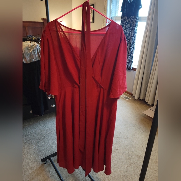Red Faux Wrap Dress with Waist Tie - Picture 1 of 5